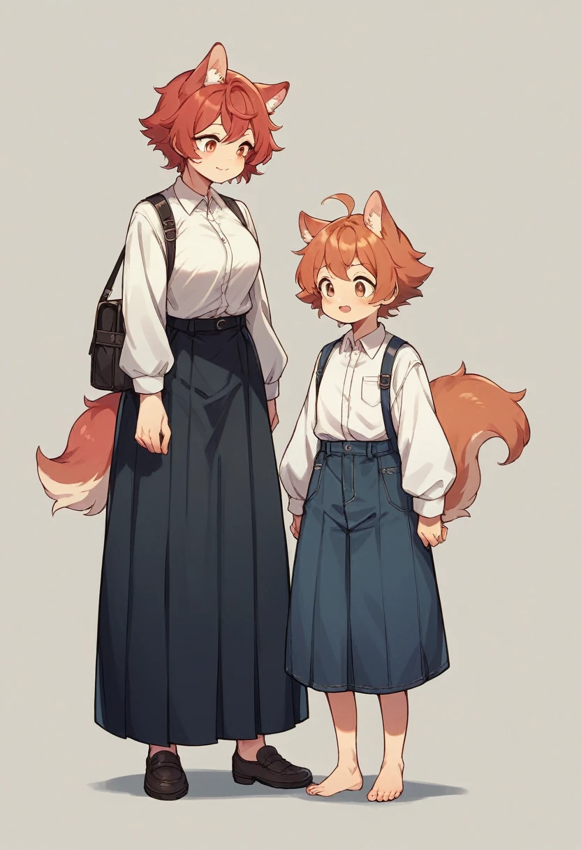 A girl in a white shirt uniform、Red check pattern fluffy flare long skirt、barefoot、cute leather shoes、A three-person idol unit with a height difference