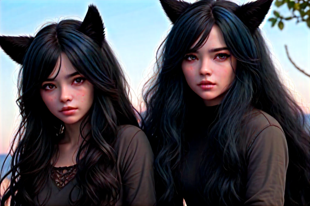 create a character with long hair and her hair color is brown with some blue highlights, her right eye is dark blue and her left is black, with ears and a wolf tail.