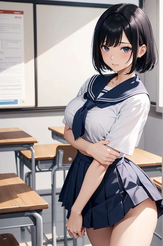 NSFW、(Short sleeve white sailor uniform:1.3)、(Dark blue micro mini skirt dark blue:1.2)、(White string panties:1.2)、Dark blue micro mini skirt dark blue、Mature Woman、Toned body、Big Breasts、(tall、daddy longlegs、175cm)、(quality))、((masterpiece))、(これはclassroomでセーラー服を着たセクシーな女子高生のクローズアップショットです:1.4)、(solo:1.4)、(One girl:1.4)、(Very short black hair:1.3)、(Light blue eyes:1.2)、(belly button:1.1)、(Navy collar、Yellow tie)、Dark blue micro mini skirt dark blue、Recommended results、Plump nipples、Stand up straight、Abdominal muscles、Huge bust、Angle to floor:1.2、Low camera angle、School、classroom
