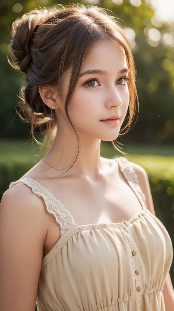 Highest quality, , Soft Light, Ultra-high resolution, (Realistic:1.4), RAW Photos, 1 Swedish girl, alone, Or a small face,Baby Face、 Sexy pose、(A shy smile:0.5), (Brown eyes, Light in your eyes), Beautiful face in every detail, (From head to toe),(Updo),Swedish Dress(See-through)