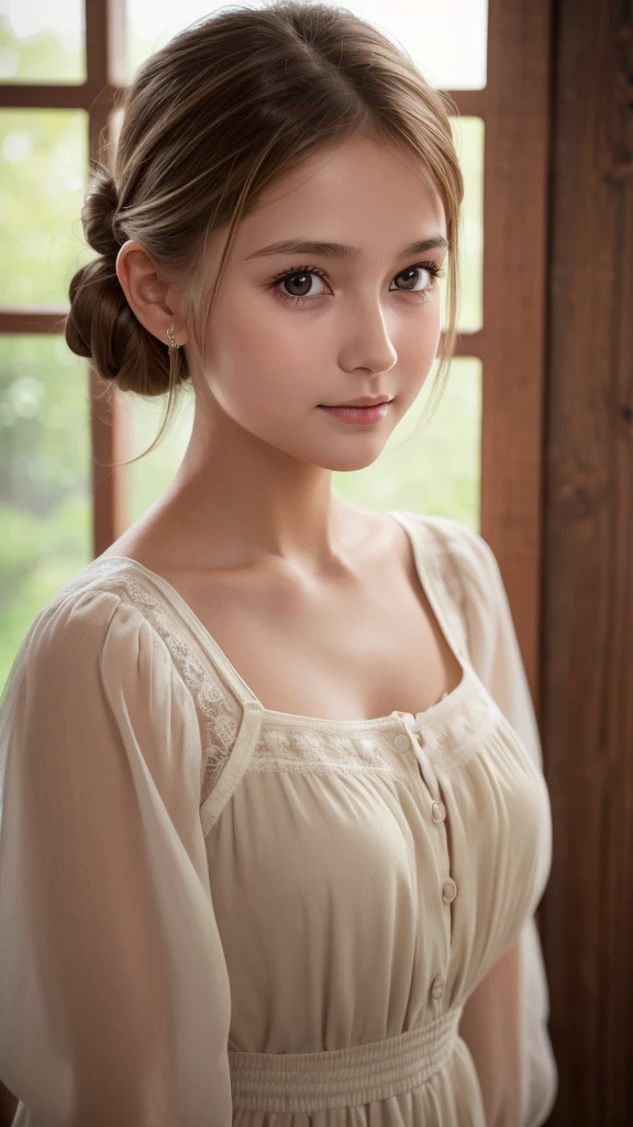 Highest quality, , Soft Light, Ultra-high resolution, (Realistic:1.4), RAW Photos, 1 Swedish girl, alone, Or a small face,Baby Face、 Sexy pose、Whole body(A shy smile:0.5), (Brown eyes, Light in your eyes), Beautiful face in every detail,(Updo),Swedish Dress(See-through)
