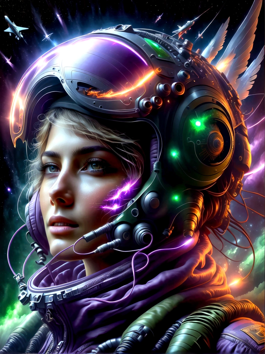 A dramatic, nocturnal scene in the high skies. A Caucasian female fighter pilot is at the controls of a high-speed jet, her eyes focused and determined despite the chaos behind her. A monstrous, futuristic alien ship, fiery beams lancing from its hull, is in hot pursuit of her aircraft. The alien ship is pulsating with sickly green and pallid purple lights that are echoed in the distant stars above, casting an eerie illumination over the scene. The pilot maneuvers deftly, evading the enemy's onslaught, leaving a trail of white contrails that cut through the inky night like a comet.