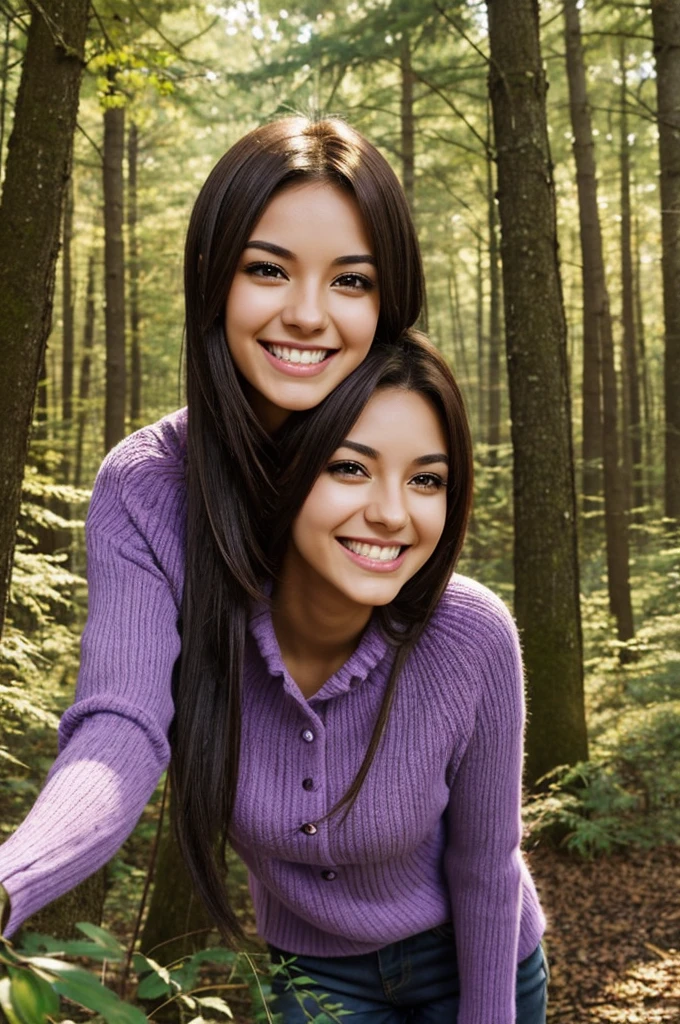 a 25-year-old girl, tall, light skin, dark brown hair, purple eyes, happy, in a wooded landscape, very happy, smiling, anime version
