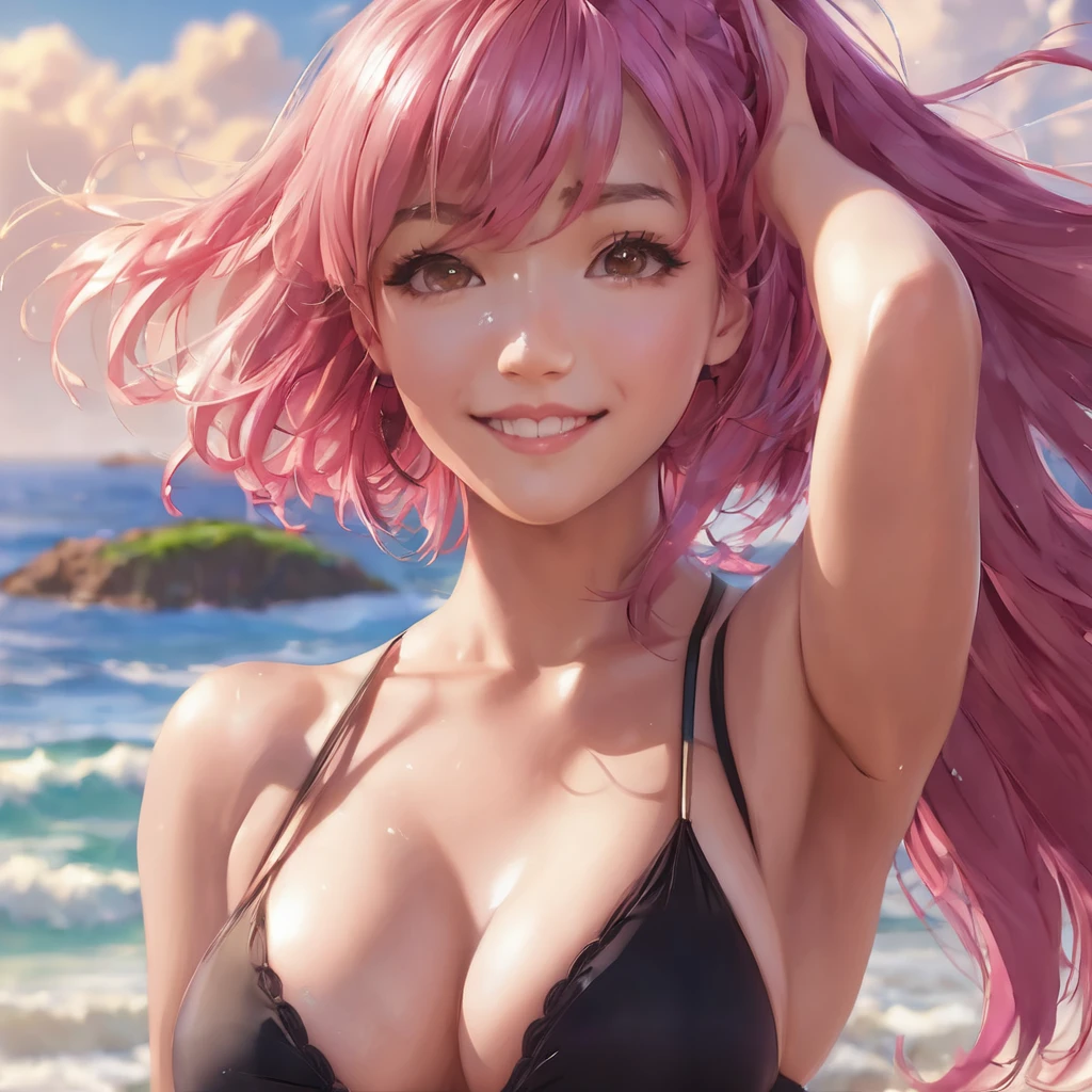 gorgeous,a cutegirl, anime, best quality, extremely,detailed,masterpiece,cleavage,perm,Pink hair, Short bob,8K, best quality, ultra detailed, extremely CG illustration, brown eyes,upward glance, (beautiful detailed eyes:1.1), 1girl, shiny hair, happy, shine pupil, cute face, soft smile, smiling, kawaii, strong woman, cleavage, (young,18 years old),(Black bikini),beautiful sea, beautiful sky,from above, looking up,Show your armpits,