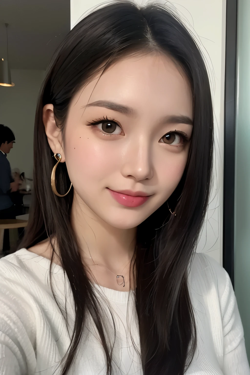 black hair, hair shaking, long eyelashes, solid round eyes, light smile, moles under the eyes, heart earrings, light smile, shy, pursed lips, surrealism, shadow, stereoscopic view, angle oF view, atmospheric perspective, Depth oF Field, First person perspective, F/1.8, 8K, super detail, accurate, best quality, high resolution, best quality,Full bodyesbian