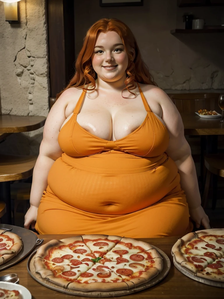 A happy and detailed photo of a cute ginger freckled SSBBW, with long wavy ginger hair, with big soft fat belly, small saggy breasts in a cute orange dress, sitting at a table in a beautiful authentic italian restaurant at night, there is a huge family-sized pizza ahead of her, she is sitting on a chair behind a small table and one huge pizza
