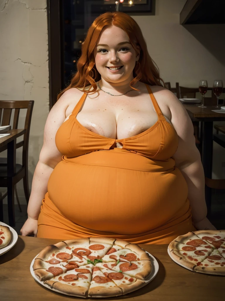 A happy and detailed photo of a cute ginger freckled SSBBW, with long wavy ginger hair, with big soft fat belly, small saggy breasts in a cute orange dress, sitting at a table in a beautiful authentic italian restaurant at night, there is a huge family-sized pizza ahead of her, she is sitting on a chair behind a small table and one huge pizza
