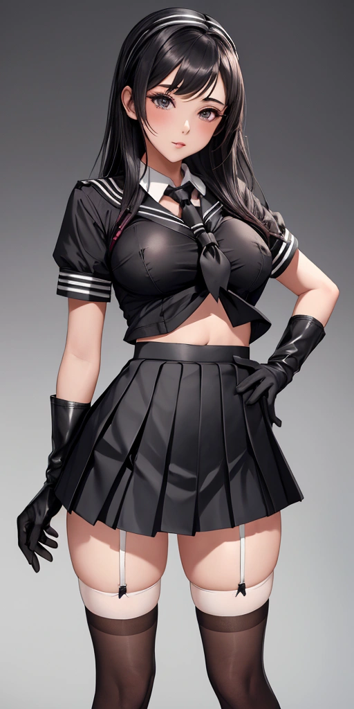 1girl, breasts, black_gloves, gloves, navel, rating:questionable, looking_at_viewer, solo, skirt, pasties, standing, school_uniform, serafuku, thighhighs, shirt, revealing_clothes, short_sleeves, pleated_skirt, skirt lift, fundoshi, excessive pubic hair peek,