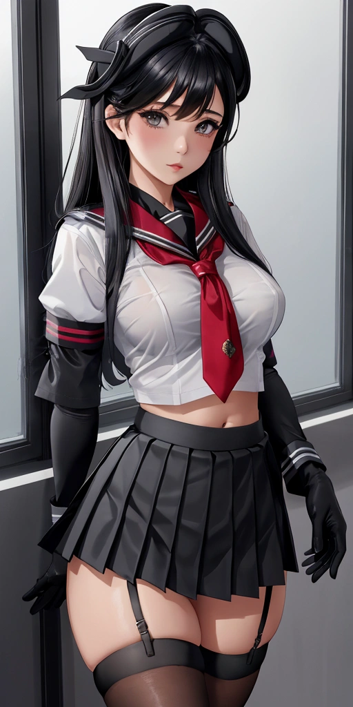1girl, breasts, black_gloves, gloves, navel, rating:questionable, looking_at_viewer, solo, skirt, pasties, standing, school_uniform, serafuku, thighhighs, shirt, revealing_clothes, short_sleeves, pleated_skirt, skirt lift, fundoshi, excessive pubic hair peek,