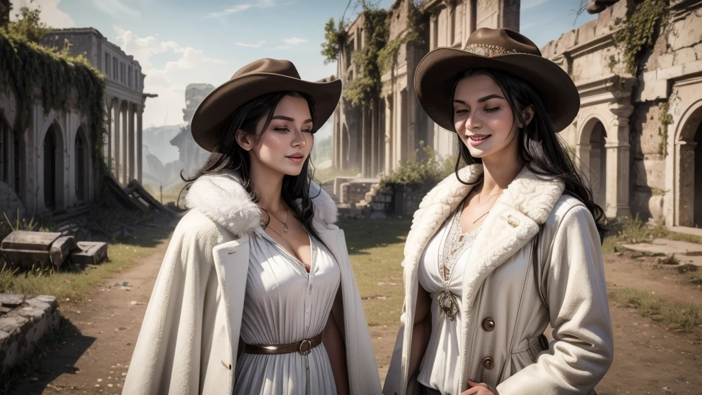 masterpiece, best quality, extremely detailed, hyperrealistic:1.1, photorealistic, a beautiful 20s russian model, ultra detailed face:1.1, white cowboy hat:1.1, white fur coat, black hair, underground ruins, in the sunshine:1.1, laughing, eye closed, putting index finger on own mouth
