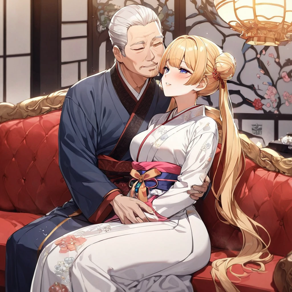 ((Highest quality)), ((masterpiece)), (detailed), (Perfect Face)、The woman is Korean Tsukino Usagi, and in a luxurious Korean mansion, she is wearing a gorgeous and dazzling traditional Korean dress called a hanbok, a gorgeous hair ornament, gorgeous jeweled accessories, and an engagement ring. The woman and the man are sitting on a gorgeous, large sofa in the luxurious room, and the woman is embracing and kissing the dignified and sturdy middle-aged Korean man wearing hanbok, making love to each other.、The woman is the elegant Tsukino Usagi, a Korean woman with long blonde hair in a chignon twin tail, wearing the traditional Korean dress, Chima Chogori.、The man is a dignified, sturdy middle-aged Korean man wearing the traditional Korean dress, Hanbok.