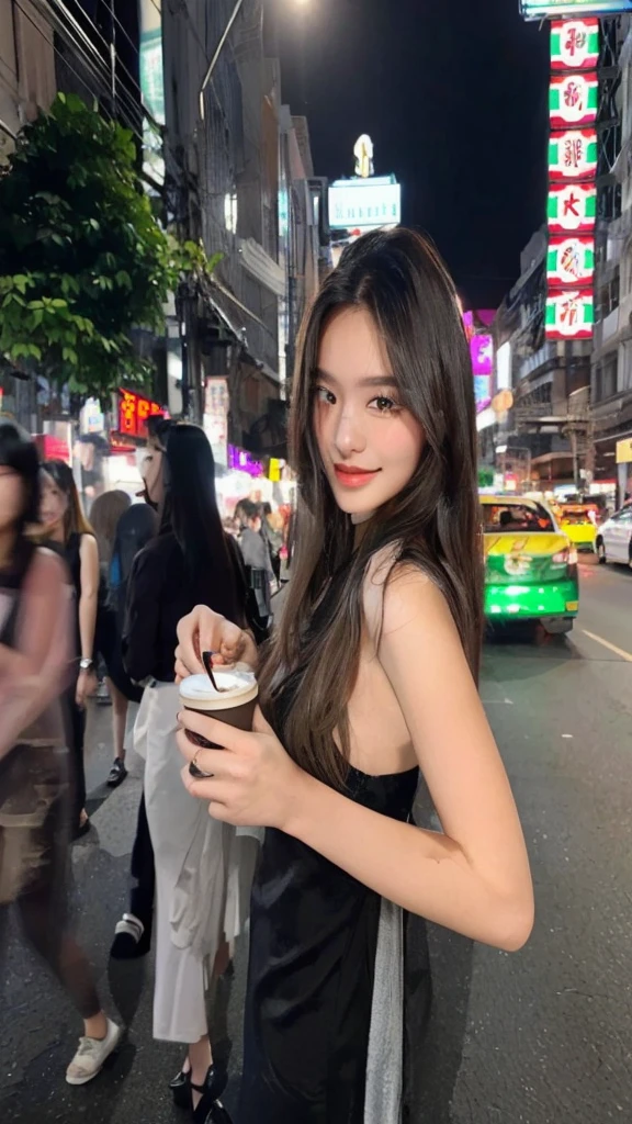 woman in black dress holding a cup of coffee on a city street, 18 yo,