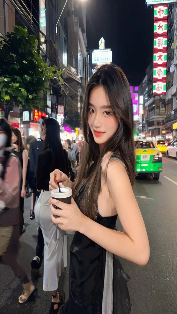 woman in black dress holding a cup of coffee on a city street, 18 yo,