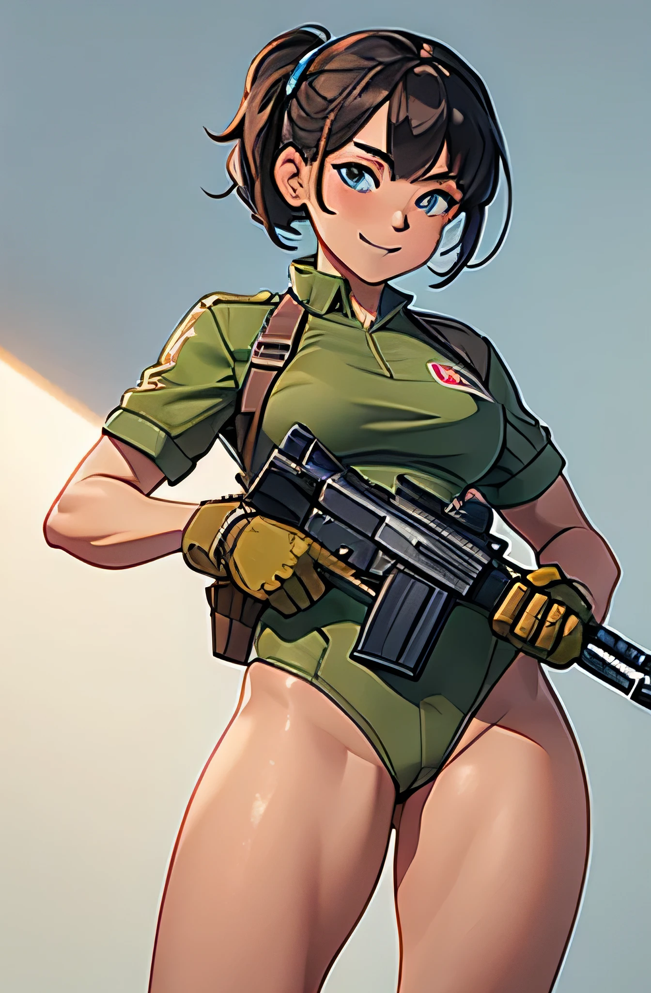 Girl in combat uniform,stylish,summer,Short sleeve,Ready your gun?,smile,8K, Highest quality, masterpiece
