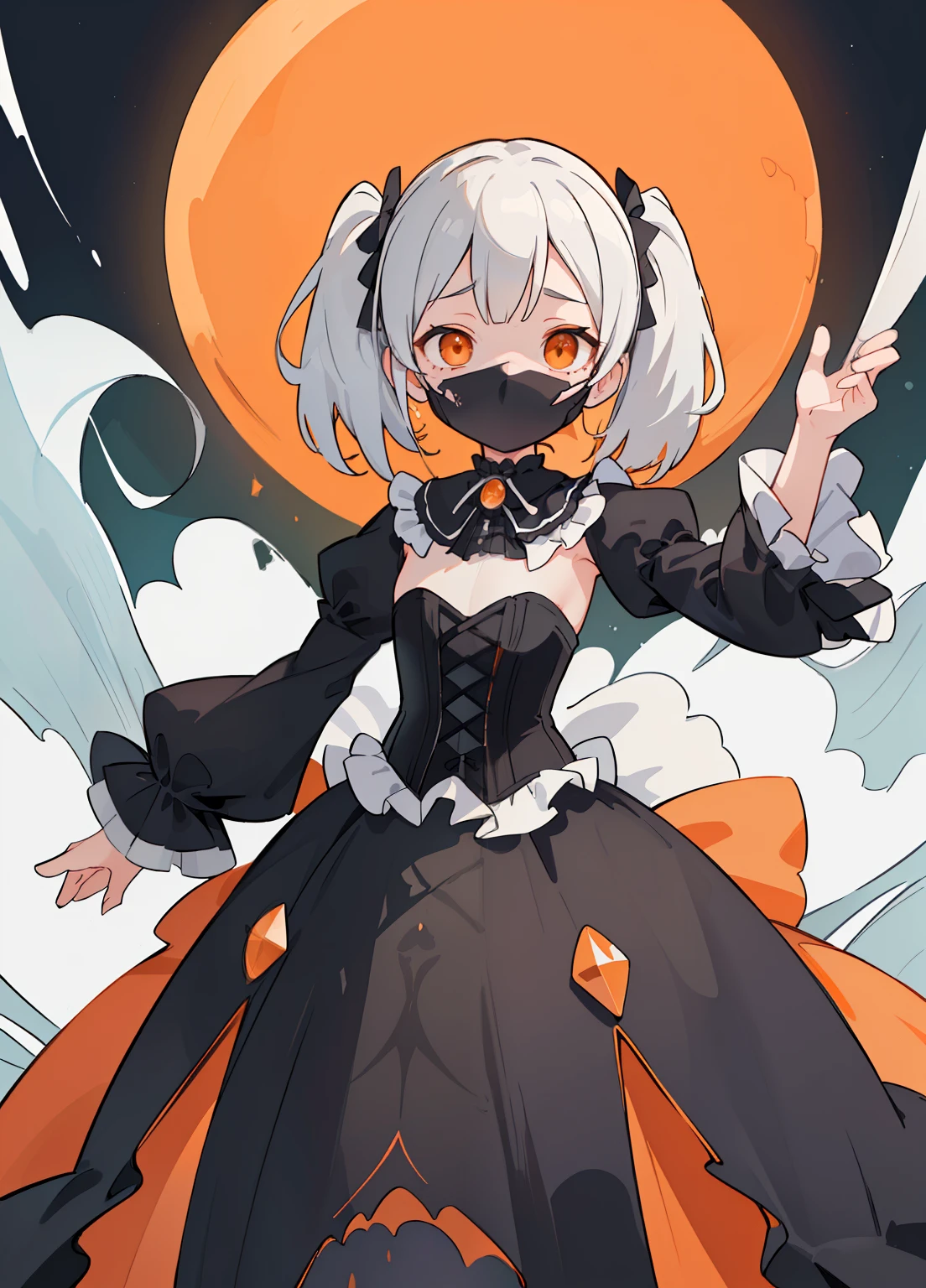 (masterpiece、Highest quality、Highest quality、Official Art、Beautiful and beautiful:1.2)、(One girl:1.3)Hatsune Miku、Twin tails,Beautiful breasts,((orange and white hair)),(Short Straight Hair),((She is wearing a mask like one would wear at a masquerade ball.........)),((Eye covering mask)),((Show off your body line beautifully、One-piece dress with a flowing silhouette.,orange and silver and black dress)),(Flared sleeves),((corset)),((The hem of the dress is long enough to reach the ground.)),(A chaotic worldview mixed with black, orange and silver),(Tartarus),(Hellish world),((abyss)),((Have the hem of the dress、please accept me as a nobleman'Daughter of....)),(Sad face),((The hem of the dress sways as if dancing........))