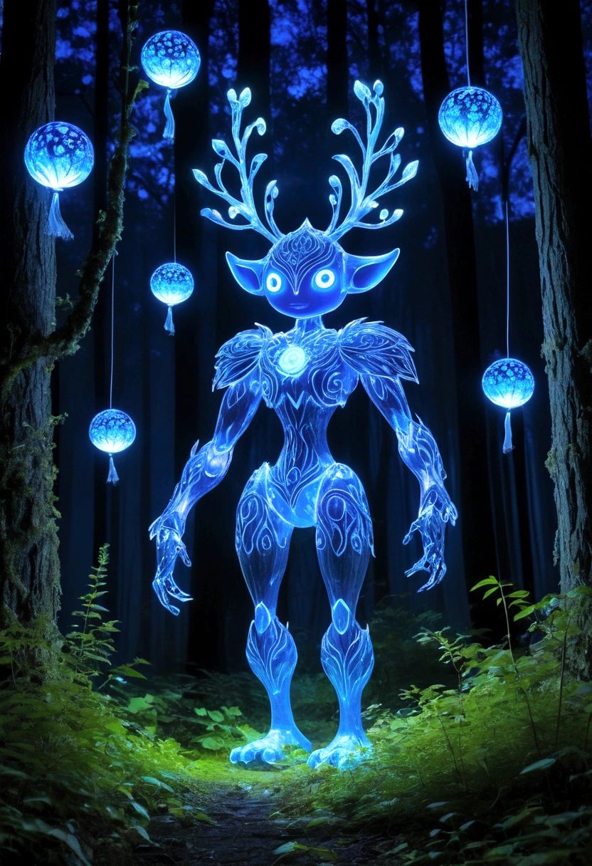  At night, the Forest Spirit transforms into the Night Walker or Daidarabotchi, a towering, translucent, and more abstract figure that glows with a blue light. In this form, the spirit's steps cause the vegetation to grow and wilt, highlighting its role as a giver and taker of life. Glowing floating flowery balls represent the essence of the forest

