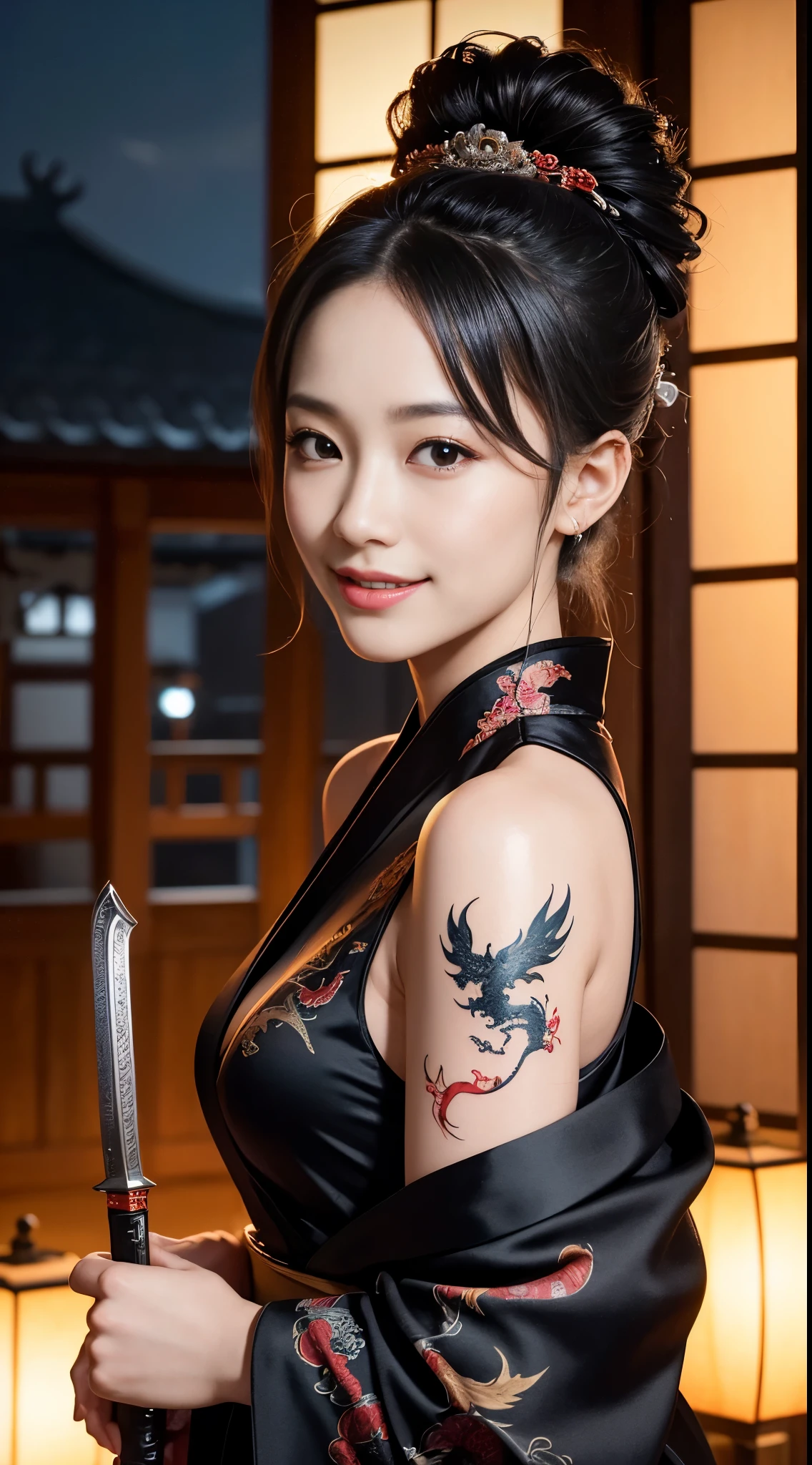 8K Ultra HD, Digital SLR,Film Grain, Fujifilm XT3,(Highest quality:1.3), (masterpiece:1.1), High resolution, Cinematic Light, Intricate details, (Realistic) (Night view) Realistic backlight、Dramatic reddish light、Beautiful Japanese Geisha full body photo, ((Facial texture Pore details)), Grin、Devilish smile, Simple messy hairstyle, She wears a black satin kimono decorated with traditional dragon motifs.., Open shoulders, Colorful dragon tattoos all over the body, Has a long blade, Long-bladed Japan sword in hand,Inside a traditional villa, 8K, Front blur