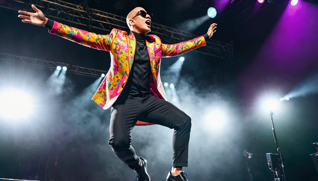 a handsome male singer from Indonesia with a bald head, wearing dark sunglasses, wearing brightly colored artist clothes, black shoes, is performing a concert on stage while jumping. picture taken from below. realistic, cinematic, full-body, wide angle lens, 8K.