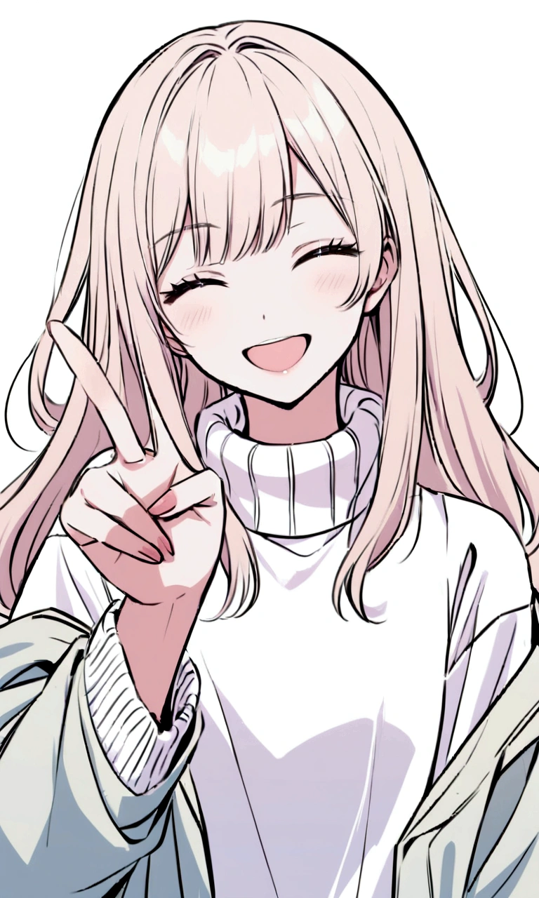 Create an anime-style illustration of a cheerful girl with short, light-colored hair. She is smiling widely with her eyes closed, giving a peace sign with one hand. The girl is wearing an oversized jacket in neutral tones, and a light-colored turtleneck underneath. The background should be pink simple and plain to keep the focus on the character. Ensure the color combination and style match the provided reference.