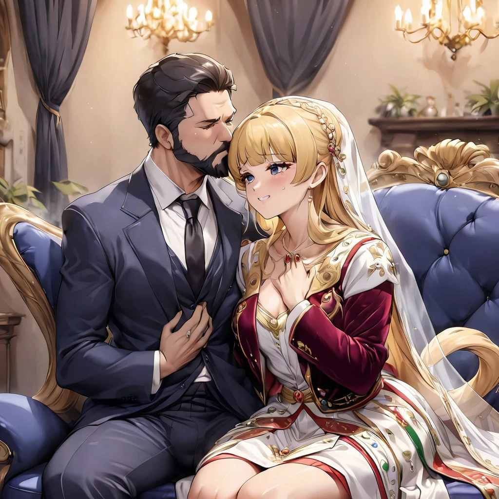 ((Highest quality)), ((masterpiece)), (detailed), (Perfect Face)、The woman is an Italian named Tsukino Usagi, and is wearing a gorgeous, glittering Italian traditional Sardinian costume in a luxurious Italian mansion, a lavishly decorated velvet jacket, a long veil, gorgeous jeweled accessories and an engagement ring. The woman and the man are sitting on a luxurious, large sofa in the luxurious room, and the woman is embracing and kissing the dignified, bearded middle-aged man wearing an Italian traditional costume, making love.、The woman is the elegant Tsukino Usagi, with long blonde hair in a chignon twin tail, wearing a velvet jacket decorated with the Italian national costume of Sardinia, and a long veil.、The man is a dignified, muscular, bearded Italian man dressed in Italian national dress.