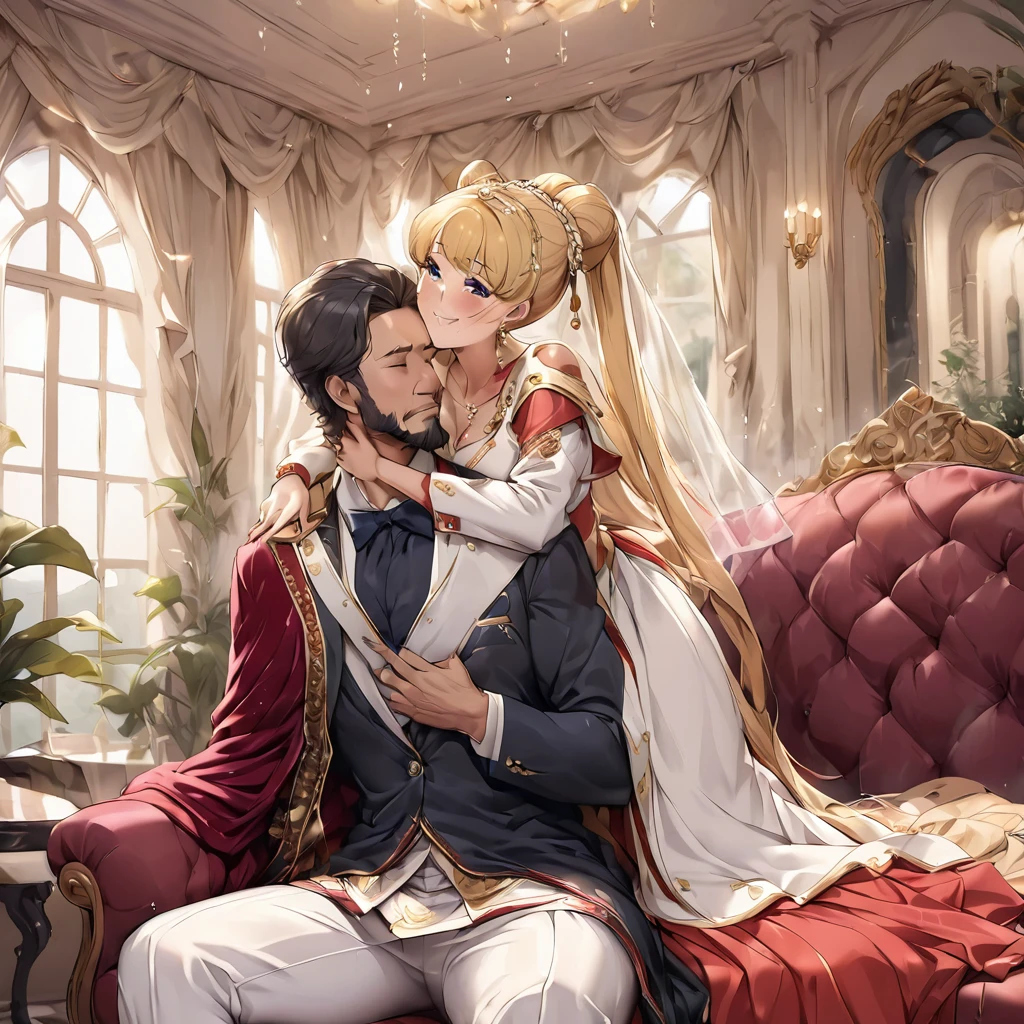 ((Highest quality)), ((masterpiece)), (detailed), （Perfect Face）、The woman is an Italian named Tsukino Usagi, and is wearing a gorgeous, glittering Italian traditional Sardinian costume in a luxurious Italian mansion, a lavishly decorated velvet jacket, a long veil, gorgeous jeweled accessories and an engagement ring. The woman and the man are sitting on a luxurious, large sofa in the luxurious room, and the woman is embracing and kissing the dignified, bearded middle-aged man wearing an Italian traditional costume, making love.、The woman is the elegant Tsukino Usagi, with long blonde hair in a chignon twin tail, wearing a velvet jacket decorated with the Italian national costume of Sardinia, and a long veil.、The man is a dignified, muscular, bearded Italian man dressed in Italian national dress.