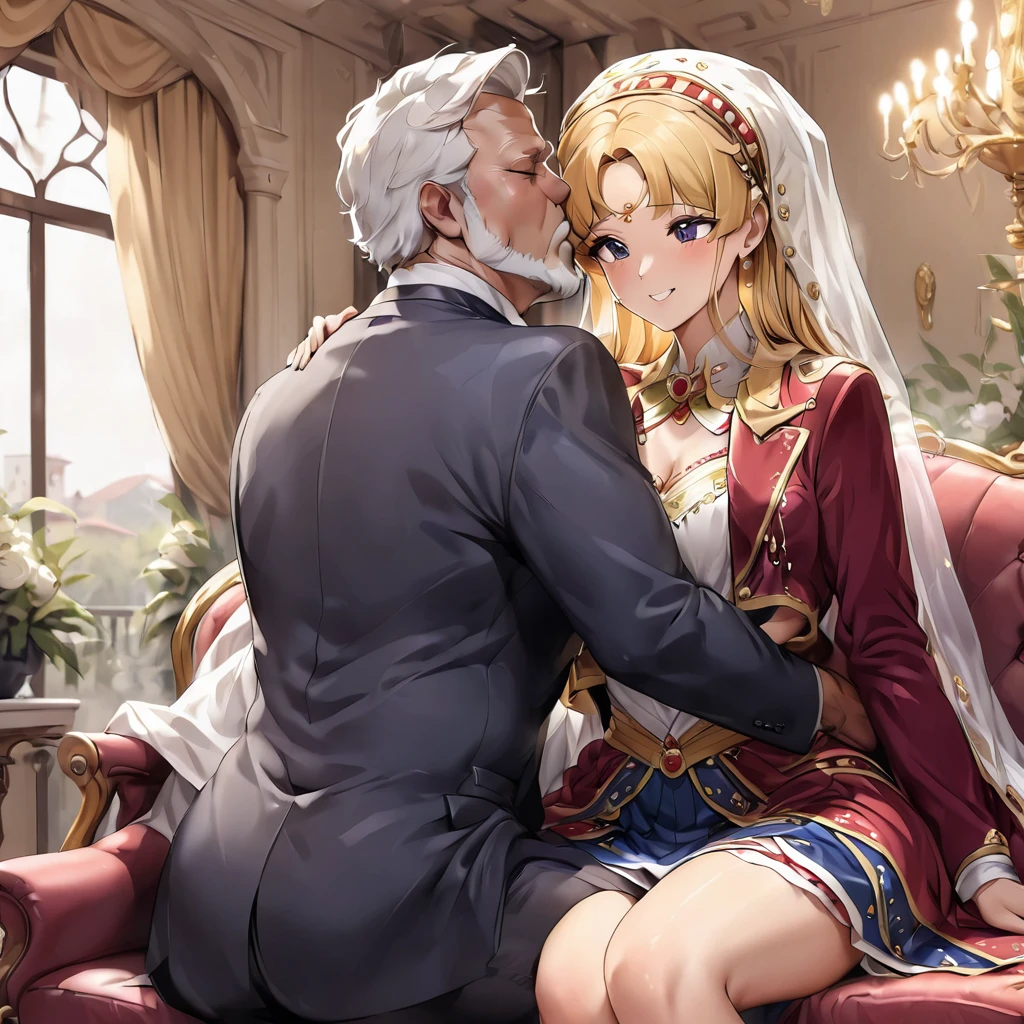 ((Highest quality)), ((masterpiece)), (detailed), （Perfect Face）、The woman is an Italian named Tsukino Usagi, and is wearing a gorgeous, glittering Italian traditional Sardinian costume in a luxurious Italian mansion, a lavishly decorated velvet jacket, a long veil, gorgeous jeweled accessories and an engagement ring. The woman and the man are sitting on a luxurious, large sofa in the luxurious room, and the woman is embracing and kissing the dignified, bearded middle-aged man wearing an Italian traditional costume, making love.、The woman is the elegant Tsukino Usagi, with long blonde hair in a chignon twin tail, wearing a velvet jacket decorated with the Italian national costume of Sardinia, and a long veil.、The man is a dignified, muscular, bearded Italian man dressed in Italian national dress.