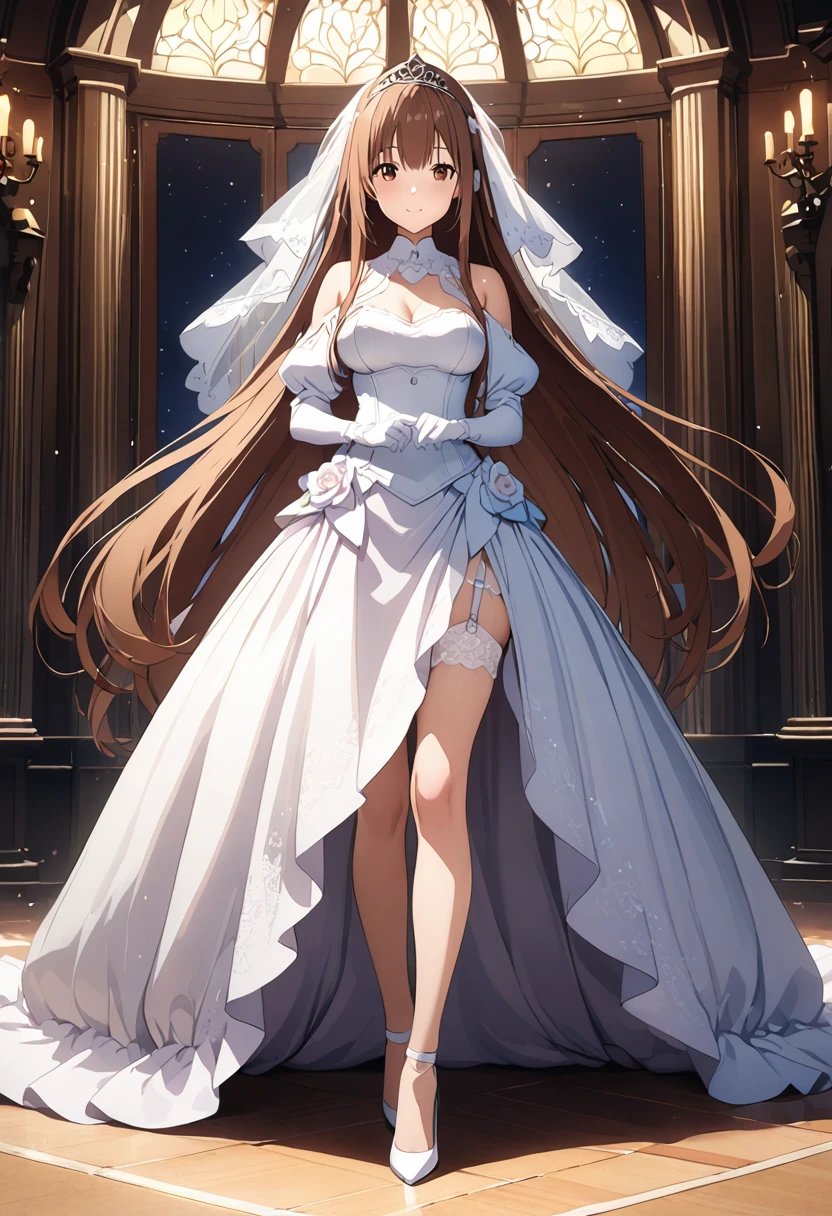 Highest quality、Super detailed、High resolution illustrations、Ultra-high-definition CG、８k size wallpaper、Production Art、Light novel illustrations、（１People Girls)、asuna yuuki, long hair, bangs, brown hair, brown eyes, very long hair, braid, Bare shoulders, Removable sleeves, gloves, white gloves, Wedding Veil、tiara、Wedding dress, White Dress, garter belt、Long skirt、stockings、White stiletto heels、Full Body