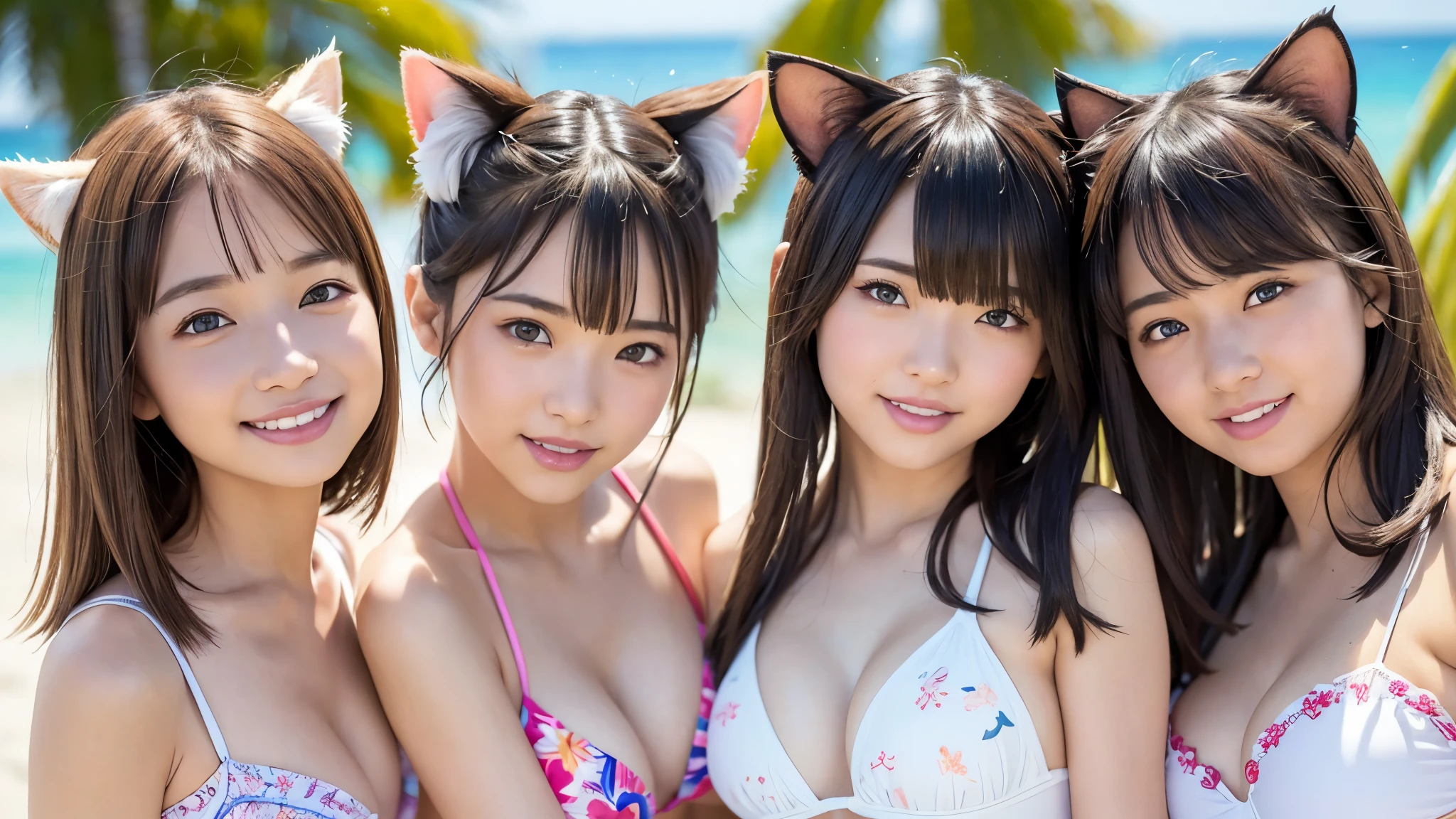 Three Girls、Cat ears、Classmate、A good friend、Pretty Girls、Girls having fun、(White sand beach、Tropical Beach)、(Swimwear、Detailed floral pattern、Detailed embroidery)、(smile、Perfect white teeth)、bangs、Short Hair、Slim body、Dynamic Angle、RAW Photos, (Highest quality、masterpiece、Realistic photo:1.2)、(Realistic:1.4)、Dramatic lighting、Pastel Color Palette、Promide Photos、Super detailed、Realistic skin texture、Beautiful eyes in every detail、Brown eyes、(Depth of written boundary、Detailed Background、The background is blurry:1.2)、