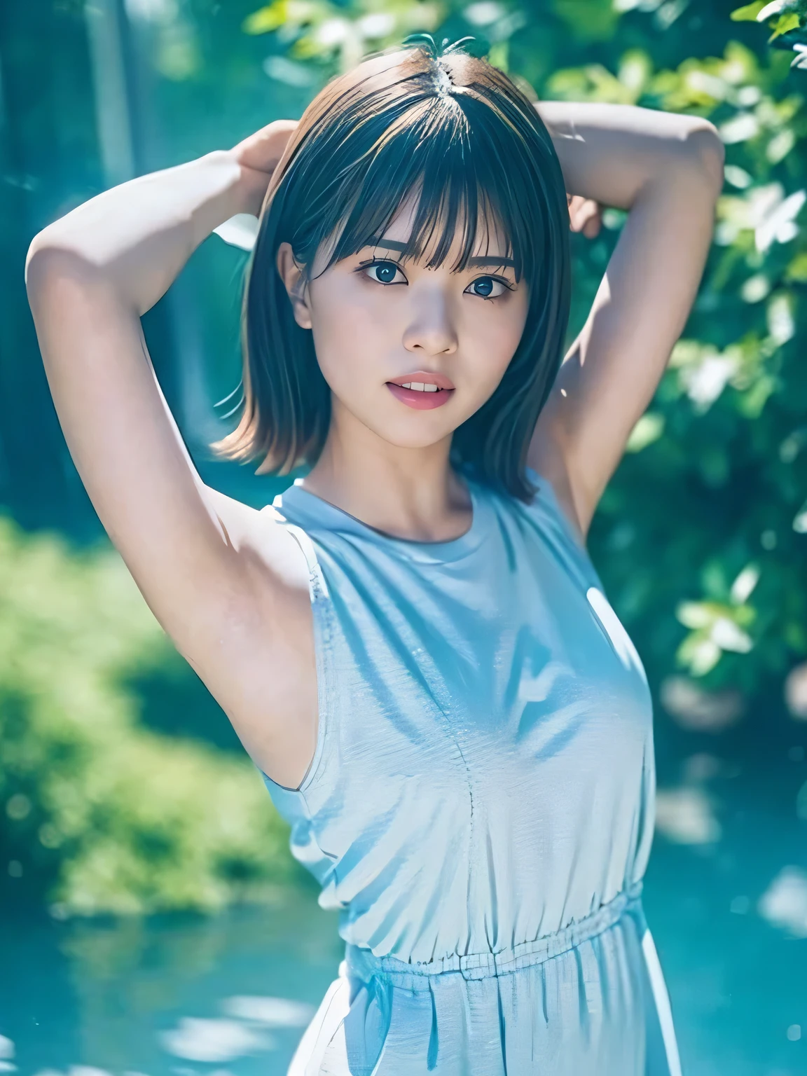 1girl, woman, 25 years old woman, girl in summer clothes, beautiful, medium breasts, flirtatious look, ((very detailed)), photorealistic image, high res, looking at viewer:1.8, (1girl eyes looking at viewer:1.55), Plain costumes, Simple Background, Emphasis on the chest, Hands behind the body, White outfit, whole body, Raise your arms and show your armpits, show your armpits, hands behind head, waki, photorealistic, (bokeh), best quality, 8k, UHD