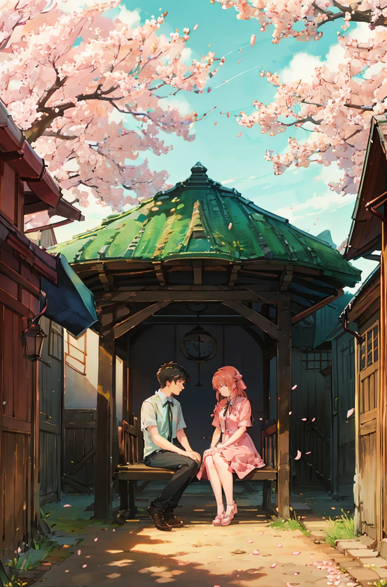 
「A boy and girl high school students sitting together on a bench under a cherry blossom tree in full bloom。The scene is set in the late afternoon、The sky has soft pink and purple hues、Showing sunrise or sunset。Cherry blossom petals are falling gently around them、It adds to the serene and romantic atmosphere of the scene.。The couple is depicted in an intimate and comfortable pose.、It suggests a sense of closeness and camaraderie between them.。」