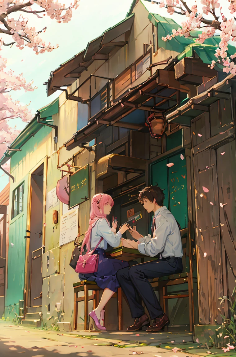 「A boy and girl high school students sitting together on a bench under a cherry blossom tree in full bloom。The scene is set in the late afternoon、The sky has soft pink and purple hues、Showing sunrise or sunset。Cherry blossom petals are falling gently around them、It adds to the serene and romantic atmosphere of the scene.。The couple is depicted in an intimate and comfortable pose.、It suggests a sense of closeness and camaraderie between them.。」