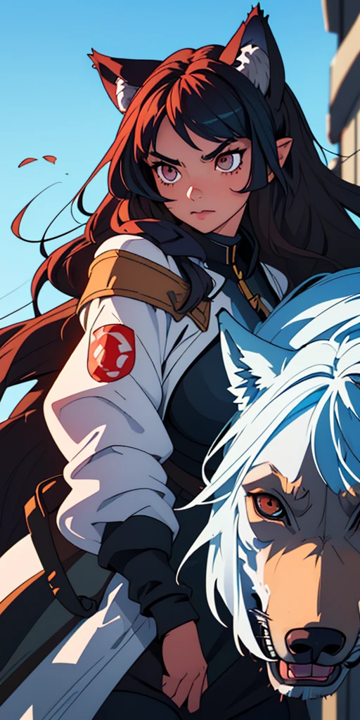 create a character with long hair and her hair color is brown with some blue highlights, her right eye is dark blue and her left is black, with ears and a wolf tail.