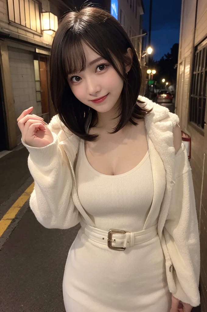 Selfie、Jacket、Wear warm clothes、Standing、night、Alley、Very short hair、short、ベリーshortカット、Highest quality, figure, Super detailed, In detail, High resolution, 8k wallpaper, Perfect dynamic composition, Beautiful attention to detail, dress,Medium Hair, Small breasts、Natural color lip, Random sexy poses,smile,24-years-old