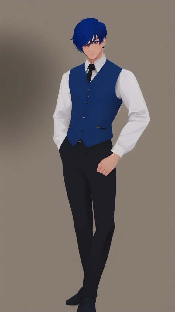 skin dark salmon, short hair, shirt international klein blue, black eyes, full body, male focus, vest, international klein blue hair,