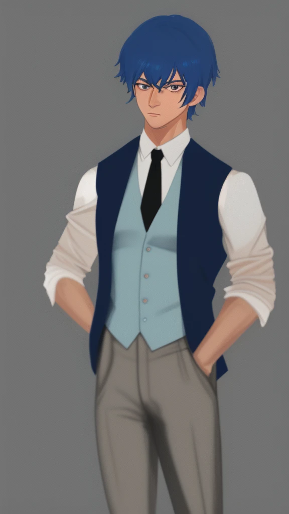skin dark salmon, short hair, shirt international klein blue, black eyes, full body, male focus, vest, international klein blue hair,