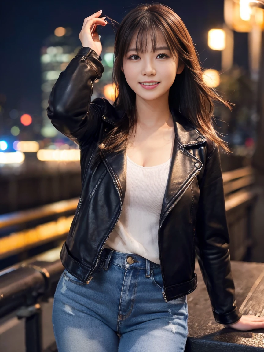 (Upper body selfie:1.3)、City night view、With glittering buildings in the background、Neon lights at night、Remove the beam from above、In artificial light、Generate images of beautiful women from around the world、Especially while reflecting elements of modern beauty.。A woman with a natural smile and attractive facial expression、Glowing Skin、Your eyes are sparkling、Expressing a stylish atmosphere。alone、leather jacket、jeans、sneakers、The night wind is blowing、Hair swaying slightly in the wind、(8K quality、Tabletop、Highest quality、Ultra-high resolution output images)、(Highly detailed RAW photos:1.3)、(Picture Mode Ultra HD)
