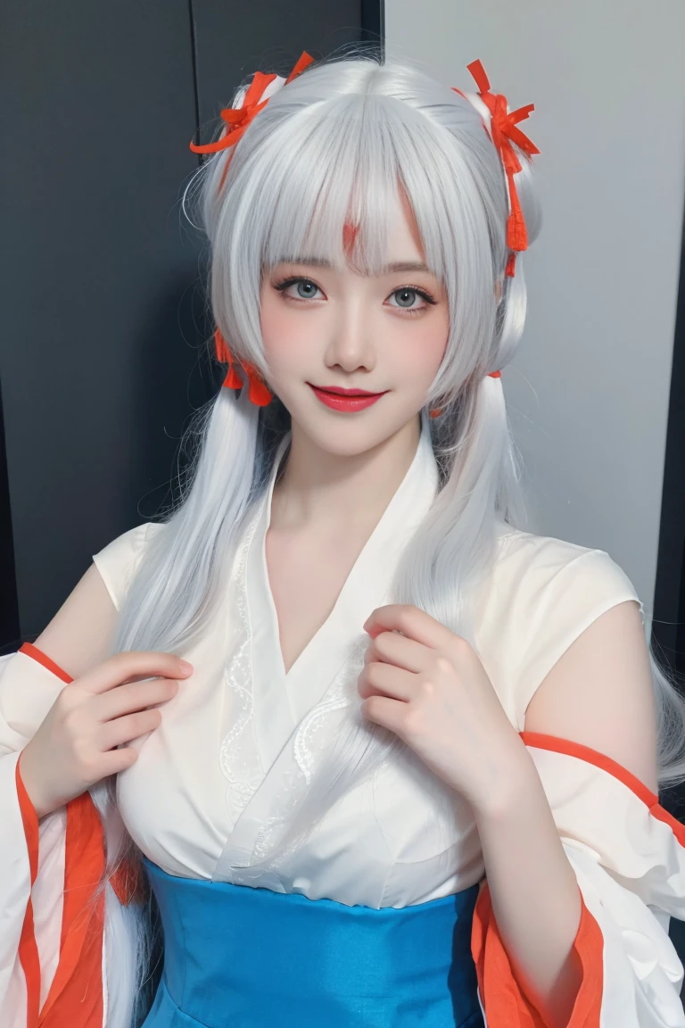 best quality, tmasterpiece,Ultra-high resolution,Clear face,（Reality：1.4），ferpect lighting，(upper body photo), (photorealistic:1.50), anime wallpaper, Guviz style artwork, cover-up fantasy up to magic , by Yang J, Guviz, beautiful artwork illustration, beautiful digital artwork, beautiful digital illustration, Li Song, beautiful anime portrait, art style in Beauvot, 1girl,独奏, white hair, hair ornament,  long hair, twintails, Double good, bangs, jewelry, Earring, blue eyes, Double eyelids, Blush, Cheeks flushed, smile, (kimono), white dress, ribbon, shiranui, standing, Japanese,