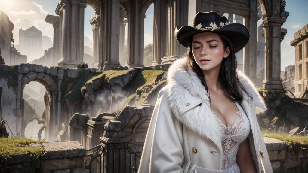 masterpiece, best quality, extremely detailed, hyperrealistic:1.1, photorealistic, a beautiful 20s russian model, ultra detailed face:1.1, white cowboy hat:1.1, white fur coat, black hair, underground ruins, in the sunshine:1.1, laughing, eye closed, putting index finger on own mouth