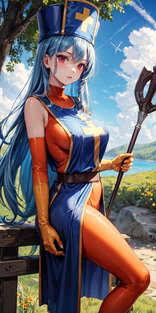 (masterpiece, best quality:1.1), priest \(dq3\), 1girl, solo, long hair, blue hair, red eyes, mitre, tabard, cross print, orange bodysuit, elbow gloves, large breasts, holding, staff, nature, blue sky