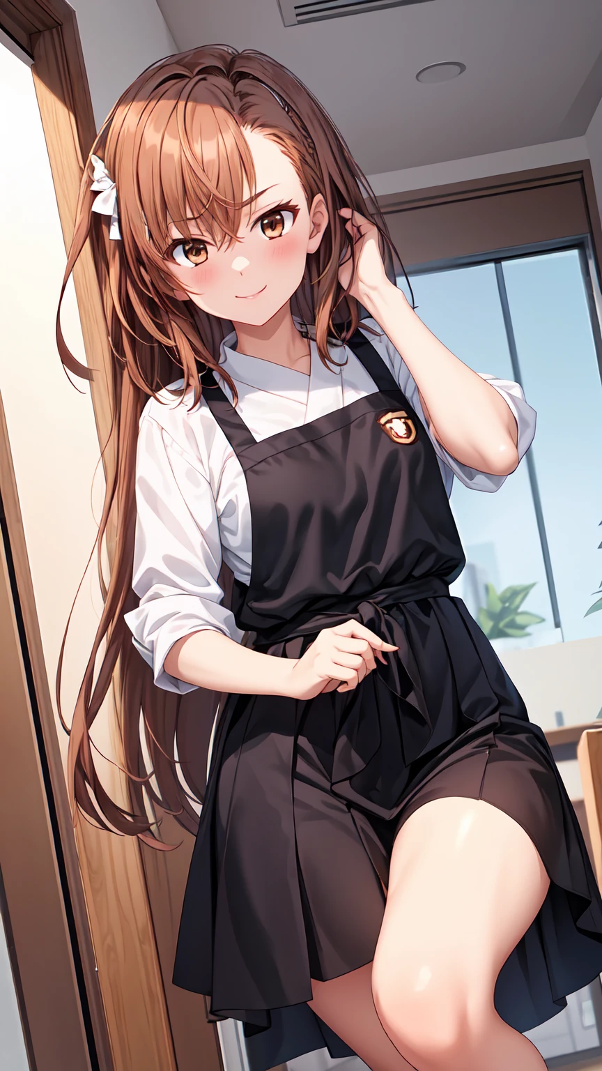 Misaka Mikoto's Anime View, One girl, age Girl, cute, alone, Chestnut Hair, hairpin,Brown eyes, Are standing, View your viewers,smile,,Anime Style, Student uniform++ Miniskirt Big breasts++++ Thighs+++ Big Breasts:1.2