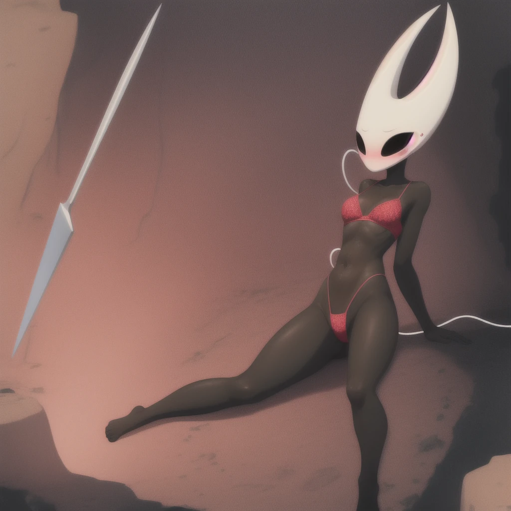 hornet, cute, chibi, no feet, furry girl, slim,anthro, needle weapon, thread, solo, red panties, bare feet, tall, lying with her legs apart, full body,red bra, (best quality), (detailed dark cave background:1.2), looking at viewer, flat colors, medium breasts, no nipples, no vagina, body, abs,front view, (blushes 1.5), underboob