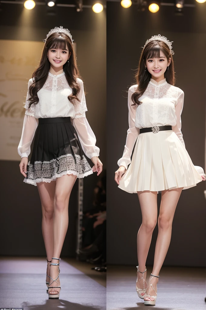 Amazingly large eyes、Smiling expression with white teeth visible、H cup bust、50cm waist、Slender and fair-skinned、Japan woman with long hair、20-year-old、Slim figure、Wearing a pleated skirt and a sheer lace blouse that flutters in the vivid breeze、Wearing high heels。On the runway at a fashion show、Her whole body was shown, from her high heels to her head, as she walked towards the viewer.、Bright, photo-quality images。