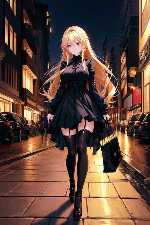 anime girl in black dress walking down a street at night, blonde anime girl with long hair, anime girl wearing a black dress, forest city streets behind her, anime girl with long hair, gothic city streets behind her, seductive anime girl, beautiful alluring anime woman, beautiful anime woman, style anime, attractive anime girl, beautiful anime girl, marin kitagawa fanart