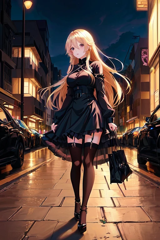 anime girl in black dress walking down a street at night, blonde anime girl with long hair, anime girl wearing a black dress, forest city streets behind her, anime girl with long hair, gothic city streets behind her, seductive anime girl, beautiful alluring anime woman, beautiful anime woman, style anime, attractive anime girl, beautiful anime girl, marin kitagawa fanart