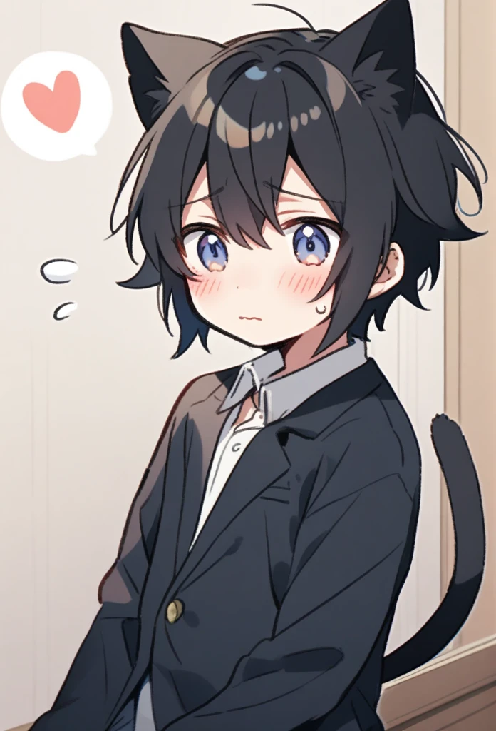Cute cat boy,black cat ears,shy,cute,black hair,black cat tail,anime boy