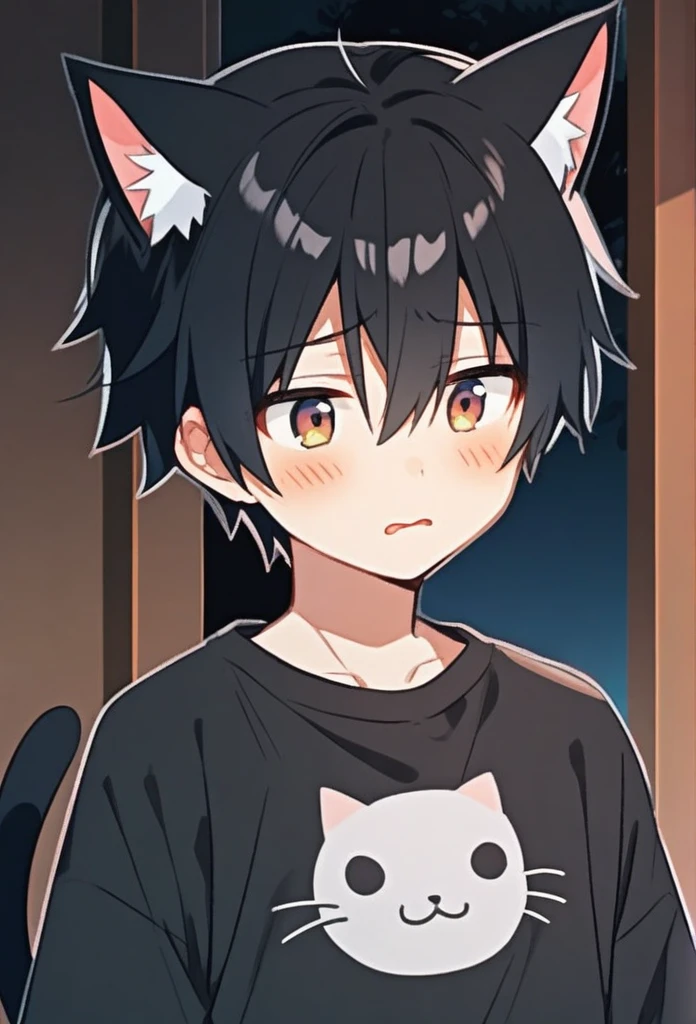 Cute cat boy,black cat ears,shy,cute,black hair,black cat tail,anime boy