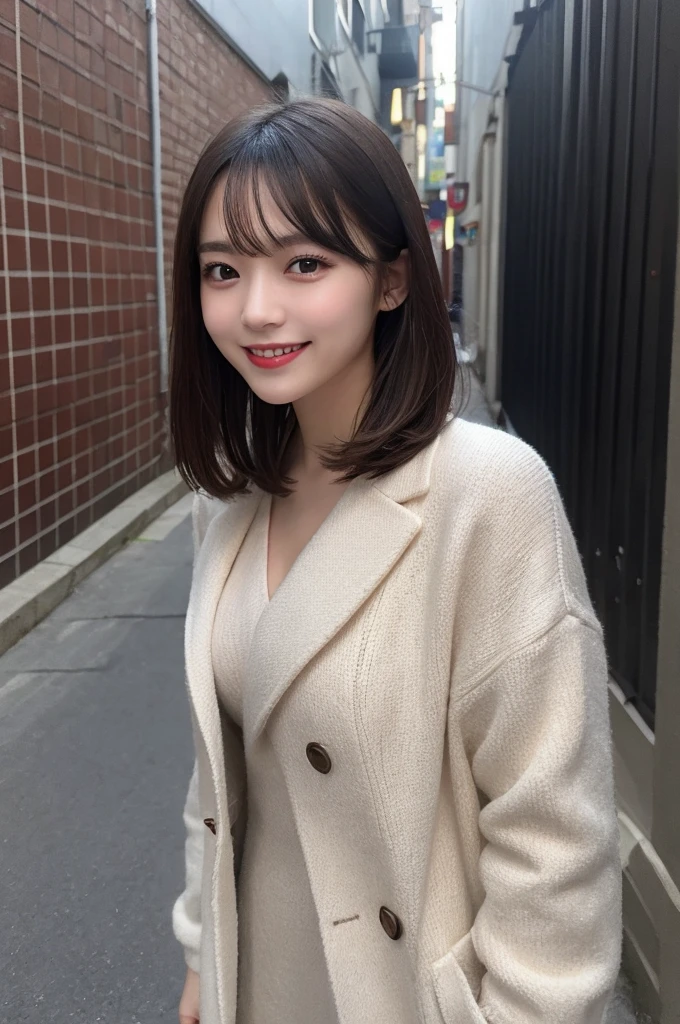 Selfie、Jacket、Wear warm clothes、Standing、night、Alley、Very short hair、short、ベリーshortカット、Highest quality, figure, Super detailed, In detail, High resolution, 8k wallpaper, Perfect dynamic composition, Beautiful attention to detail, dress,Medium Hair, Small breasts、Natural color lip, Random sexy poses,smile,24-years-old