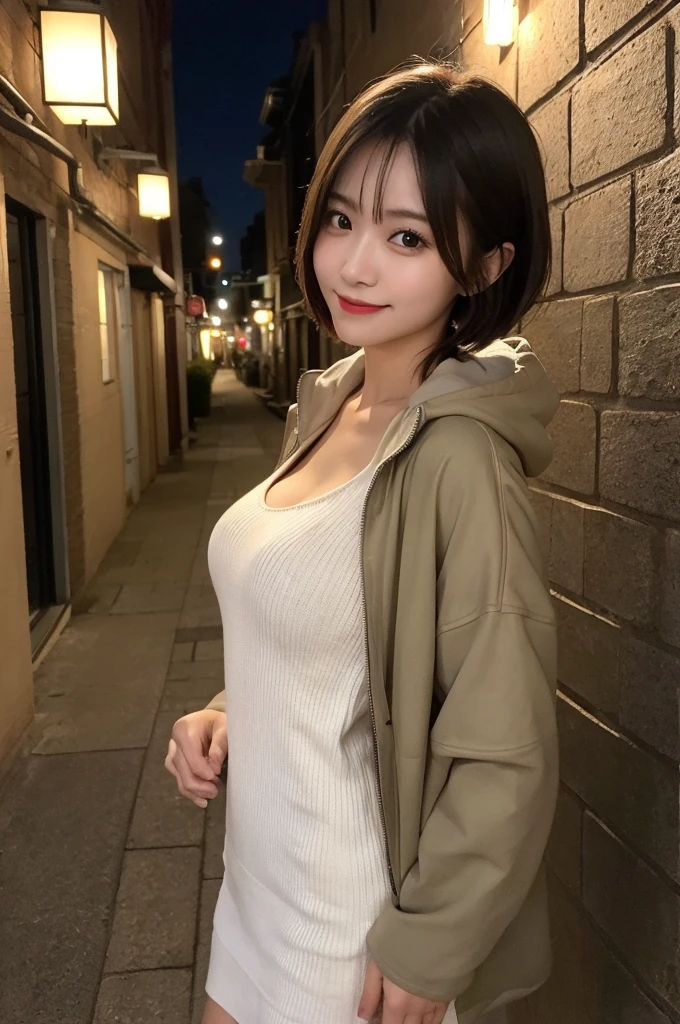 Selfie、Jacket、Wear warm clothes、Standing、night、Alley、Very short hair、short、ベリーshortカット、Highest quality, figure, Super detailed, In detail, High resolution, 8k wallpaper, Perfect dynamic composition, Beautiful attention to detail, dress,Medium Hair, Small breasts、Natural color lip, Random sexy poses,smile,24-years-old
