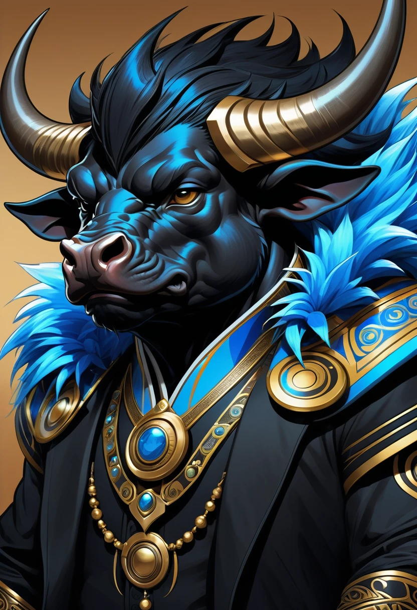 Half man half asian black bull, tribal, Frozen Empire, caramel crown, sonic the hedgehog, intricate, elegant, highly detailed, digital painting, artstation, concept art, smooth, sharp focus, illustration, art by artgerm and greg rutkowski and alphonse mucha and Gustav Klimt