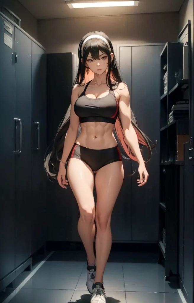 ((1girl, solo)), beautiful body, (perfect anatomy, perfect body, perfect hands, perfect legs), natural proportions, sexy body, large breasts, ((abs)), (((muscular female))), ((full body, full body front)) BREAK

((extremely detailed face)), (beautiful detailed eyes:1.6), (realistic pupils, realistic iris:1), expressive eyes, looking at viewer, (clear eyes:1.3), (hyperrealistic:1.2), (detailed skin texture:1.2), smooth skin, yor briar, (red iris:1.5), (black hair:1.5), long hair, hairband, (white hairband:1.3), sidelocks, bangs, ((mature female)), ((little smile)), (detailed lips:1.2), (attractive lips:1.1), (glossy lips:1.1), (parted lips), perfect face, perfect eyes, earrings BREAK

((sports bra)), buruma, (ass visible through thighs), shoes, (black sportswear), black shorts, midriff BREAK

(masterpiece:1.5), anime-style, top quality, best quality, (beautiful and aesthetic:1.2), (ultra detail:1.5), Ultra-detailed depiction, Ultra-precise depiction, extremely detailed 8k illustration, high resolution, (highly detailed shading:1.2), (realistic lighting:1.4), perfect lighting, vibrant colors, dynamic tones, striking hues, 8k, absurd resolution, perfect shadows, hdr, UHD, ambient lighting, realistic, ultra-realistic, photo realistic, highly detailed, rich detail, luminous colors, fine texture, intricate design, professional illustration, (soft light:1.2), (illustration:0.7)